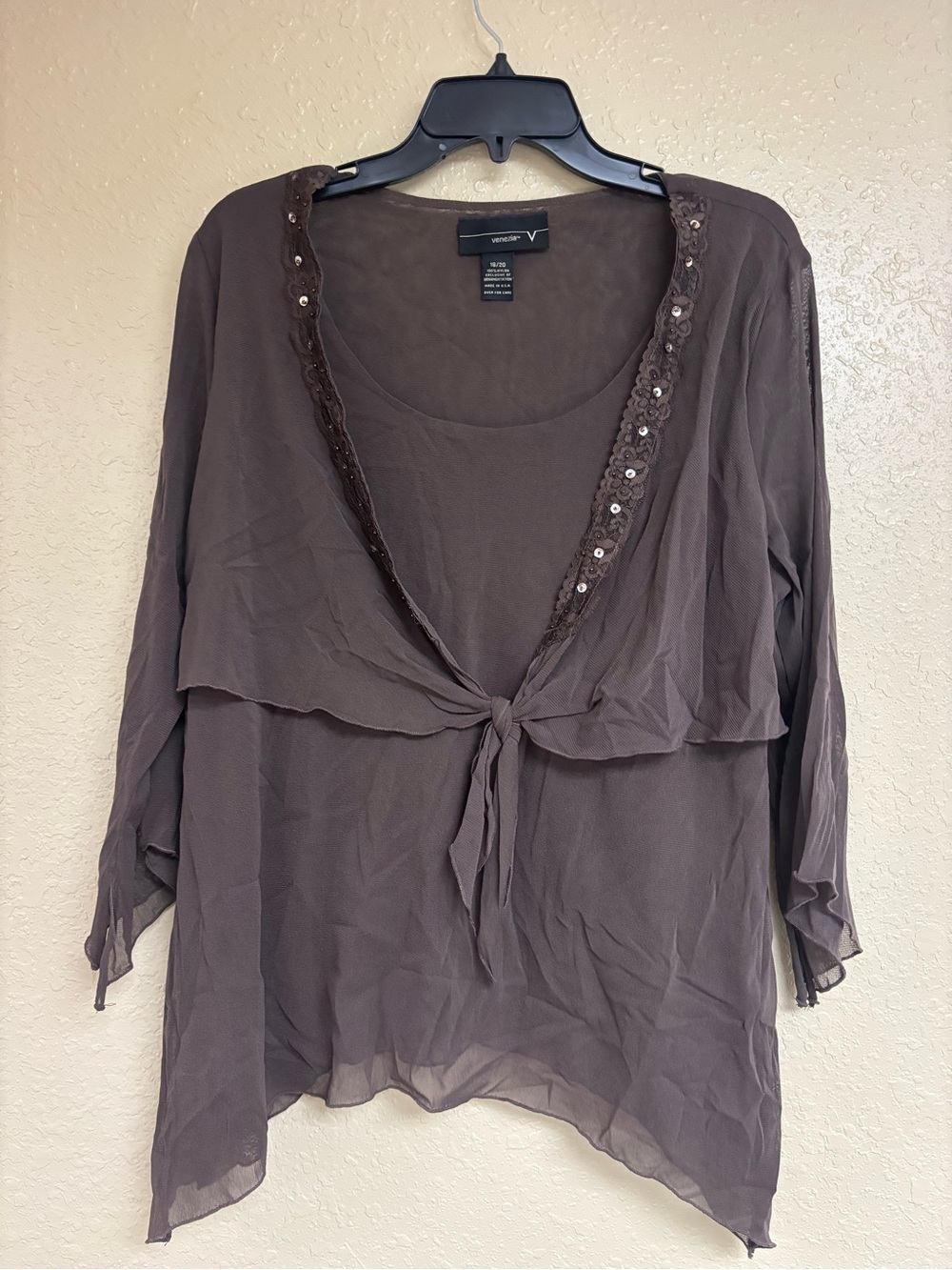 VENUS Brown Sheer Tie-Front Tunic with Sequin Trim